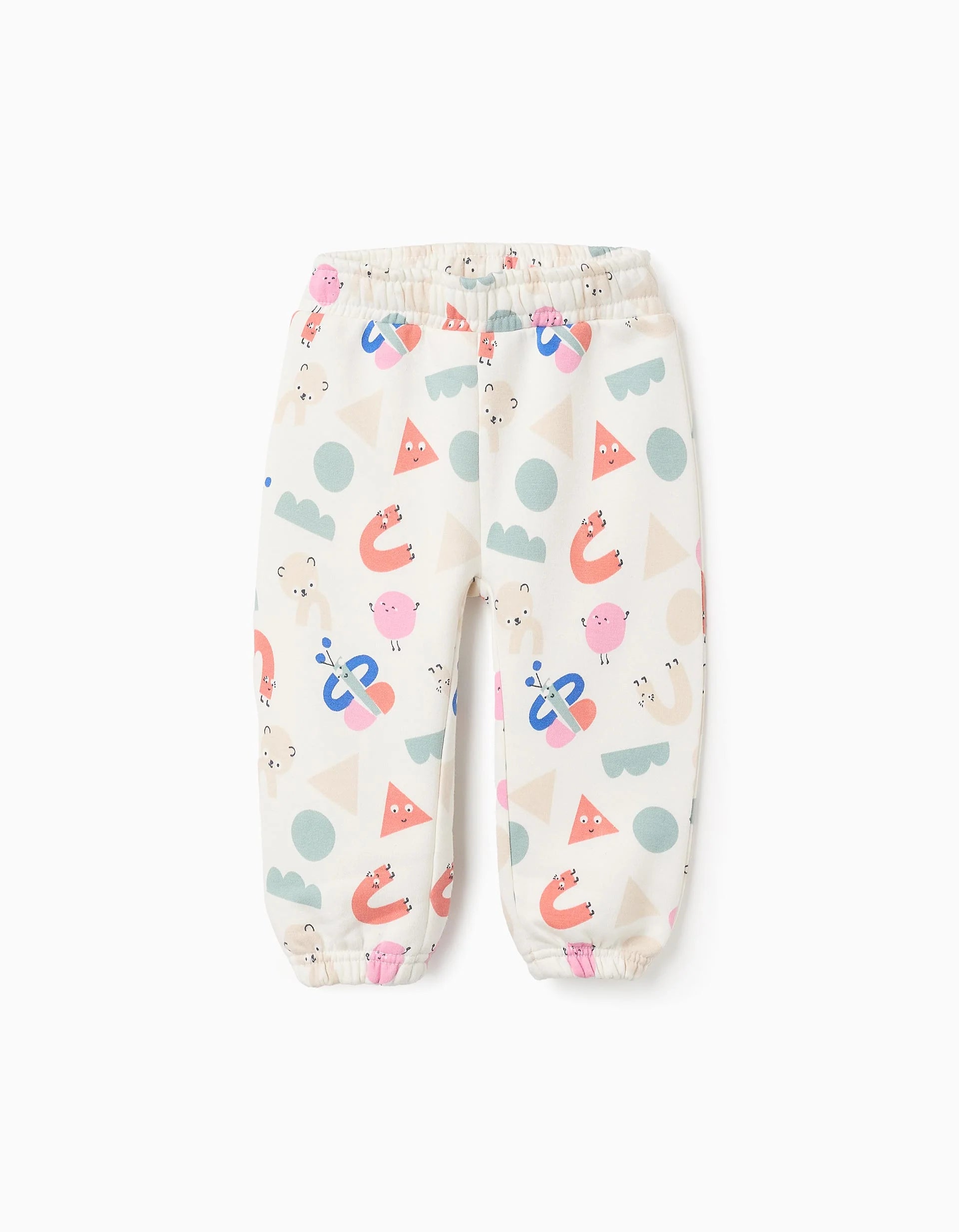 Fluted jogger pants with a 'Shapes' pattern for baby girls, white.