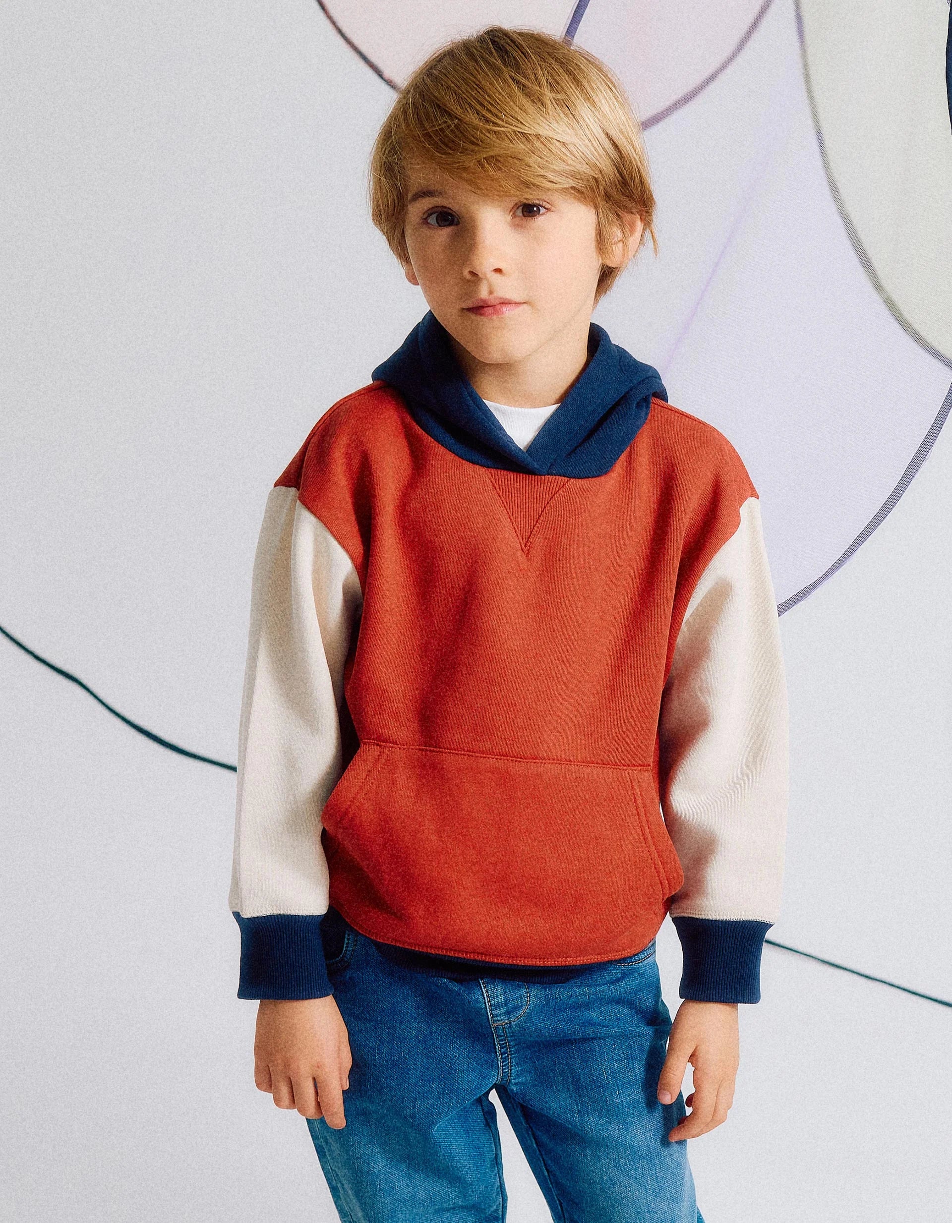 Boys' Hooded Sweatshirt, Red/Beige/Blue