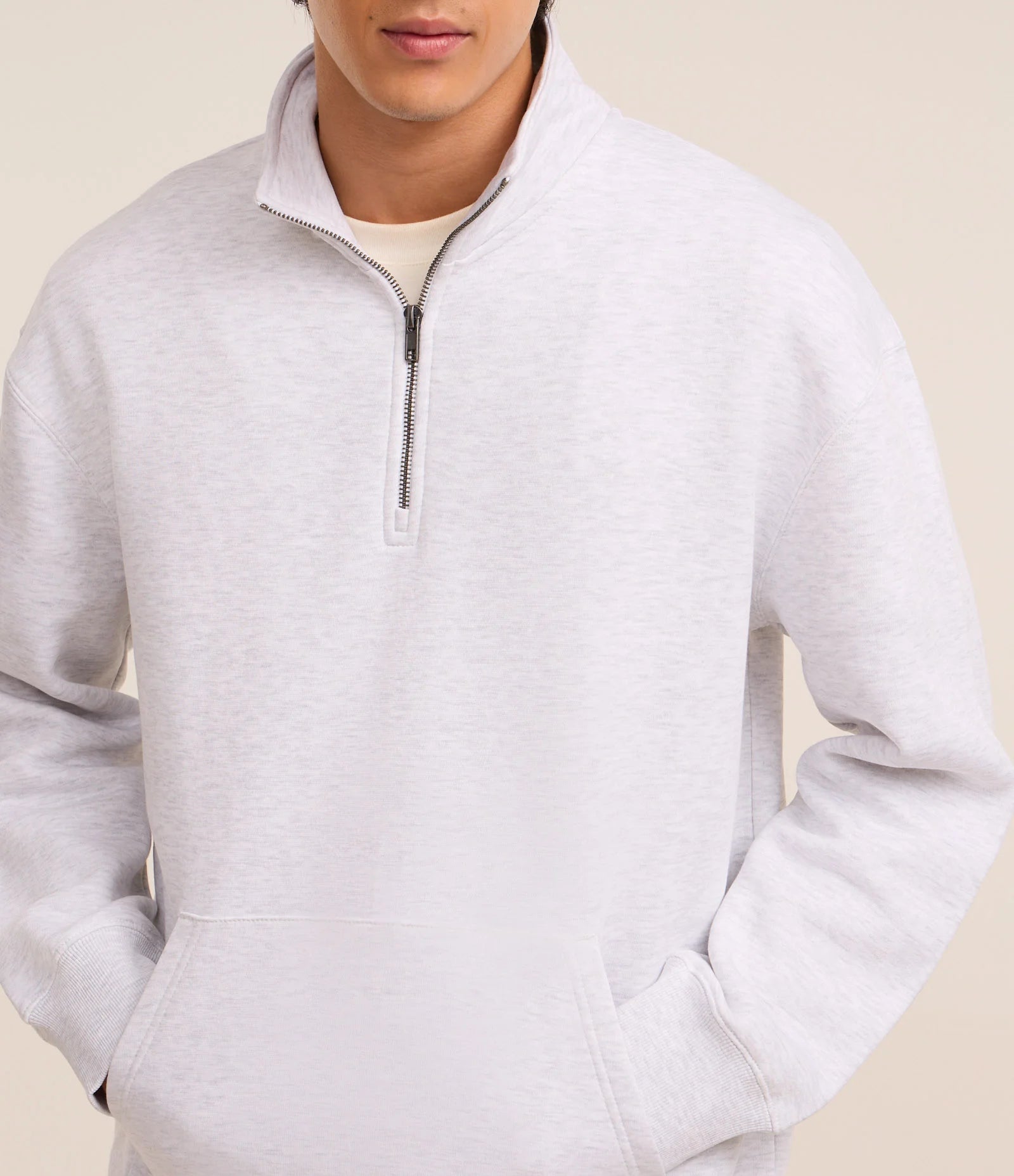 White High Neck Sweatshirt with Zipper and Kangaroo Pocket