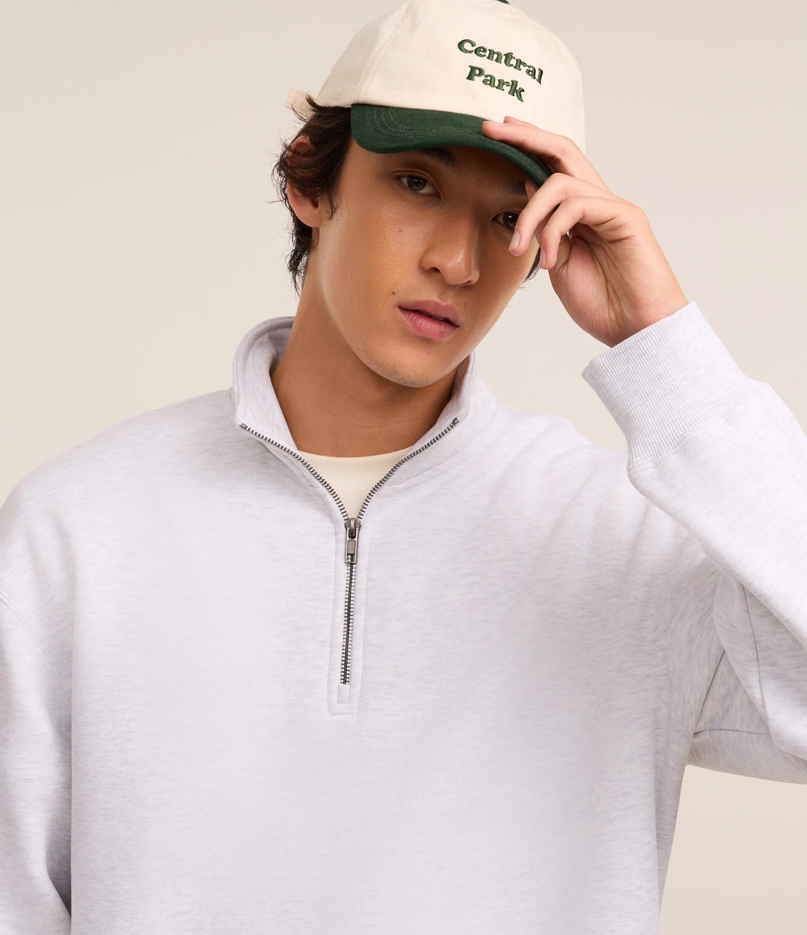 White High Neck Sweatshirt with Zipper and Kangaroo Pocket