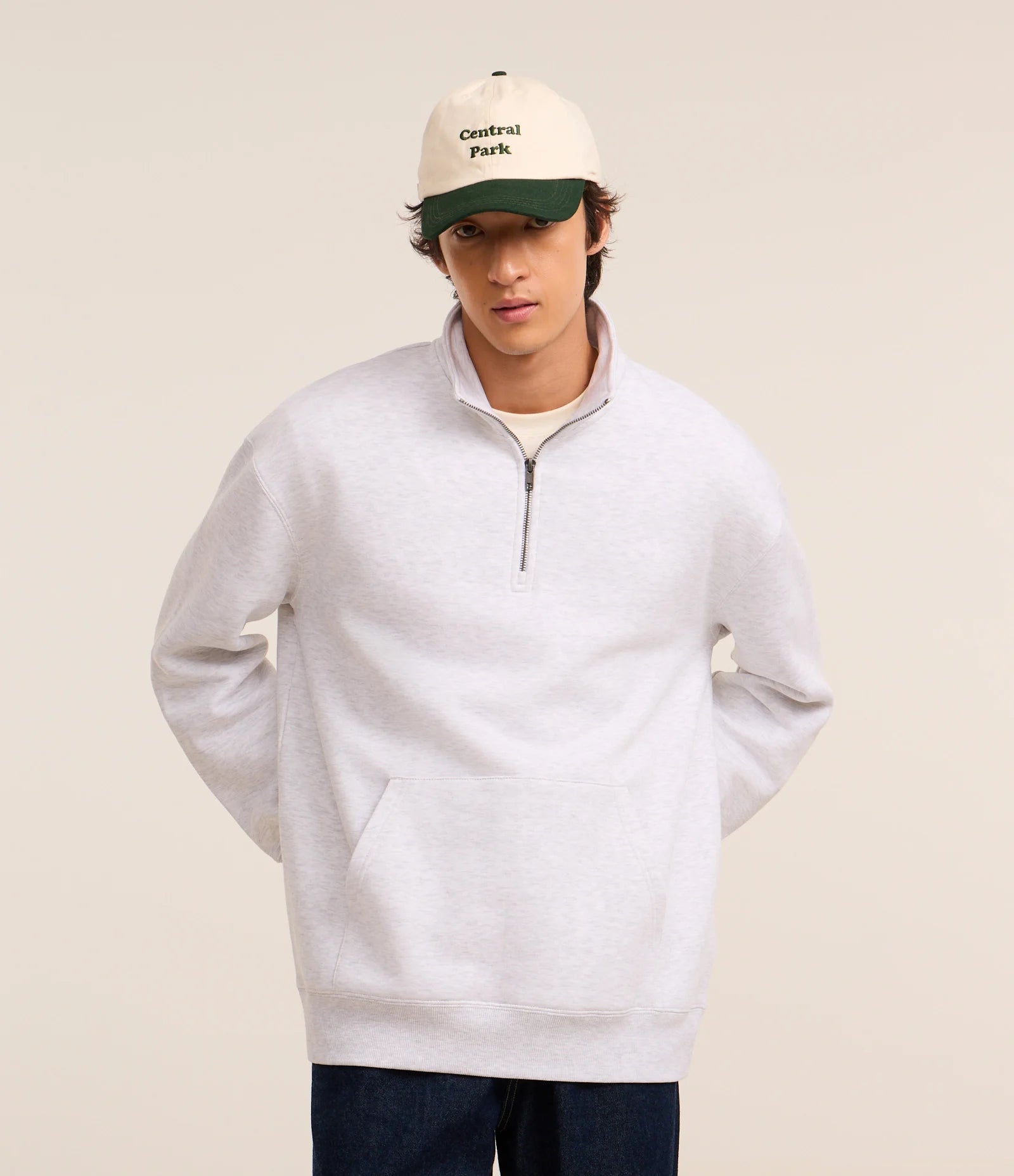 White High Neck Sweatshirt with Zipper and Kangaroo Pocket
