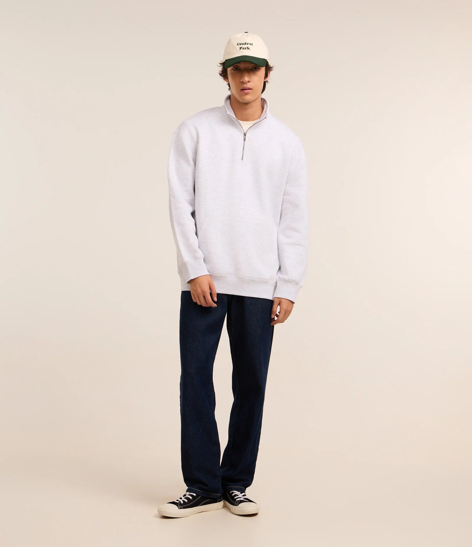 White High Neck Sweatshirt with Zipper and Kangaroo Pocket